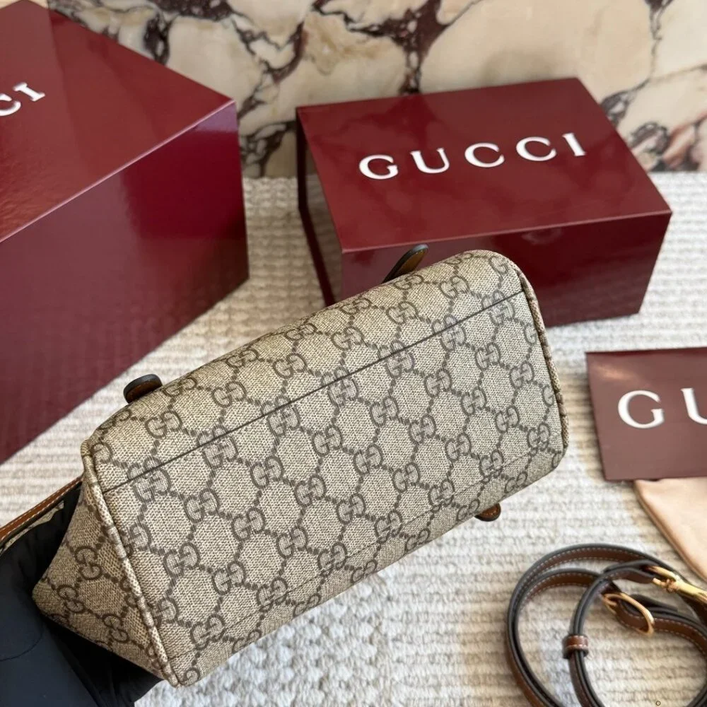 💖 GUCCI 💖 GG Canvas Mini Top Handle Bag Brown Leather Trim Gold Hardware - Picture 5 of 9